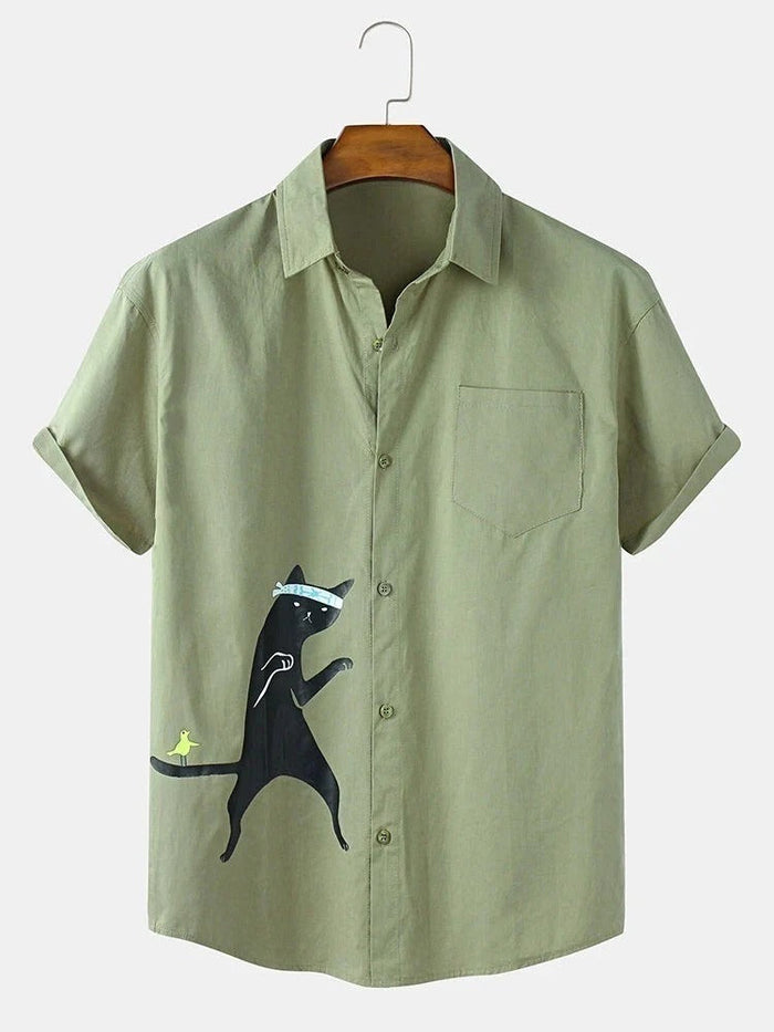 Olive Green Cat Print Casual Shirt for Men