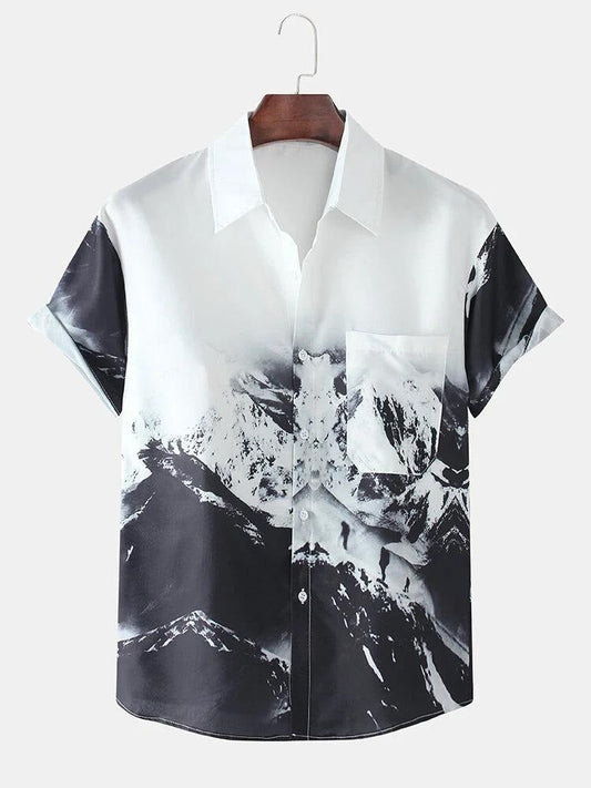 Black and White Mountain Print Casual Shirt for Men