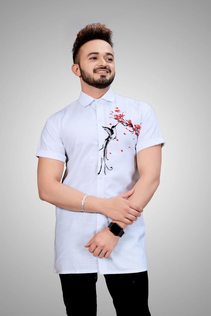 White Bird Print Casual Shirt for Men